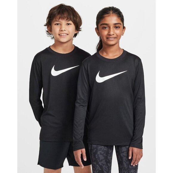 Nike Black Brand Logo Print B NK ALL DAY PLAY LS KNIT T-shirt Boys Size Medium - Picture 1 of 7